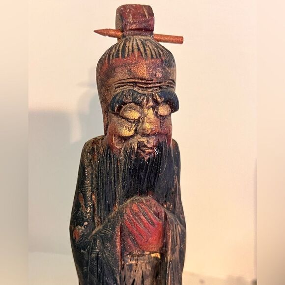 Vintage Pair of 2 Hard Carved Wood Figures Confucius and God of Longlife - Picture 2 of 8